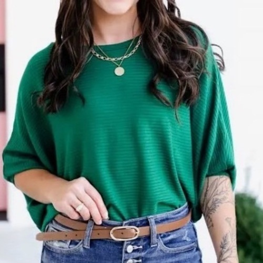 NEW Plus Size Zenana Forest Green 2X Batwingā Ribbed Dolman Sleeve HW-2177X